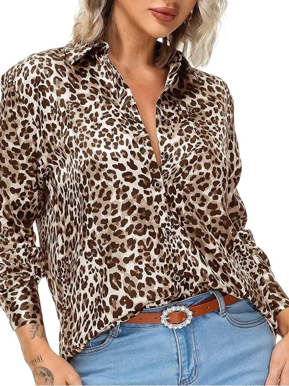 Satin Leopard Print Button-Up Blouse - White & Brown